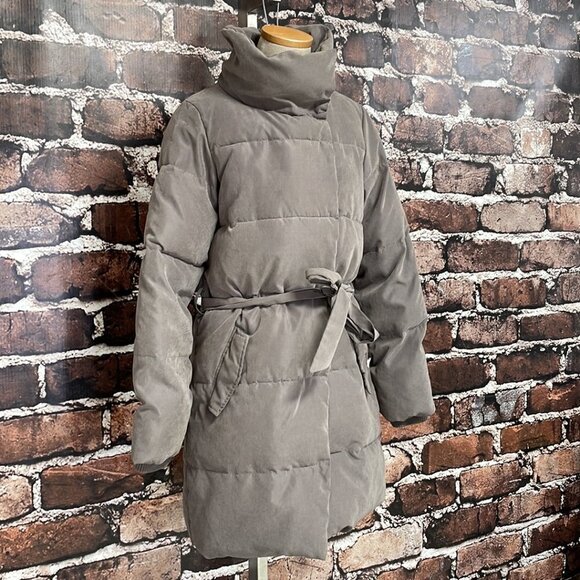 ICHI Puffer Trench Coat Square Tie Brown Size Medium M - Picture 6 of 16